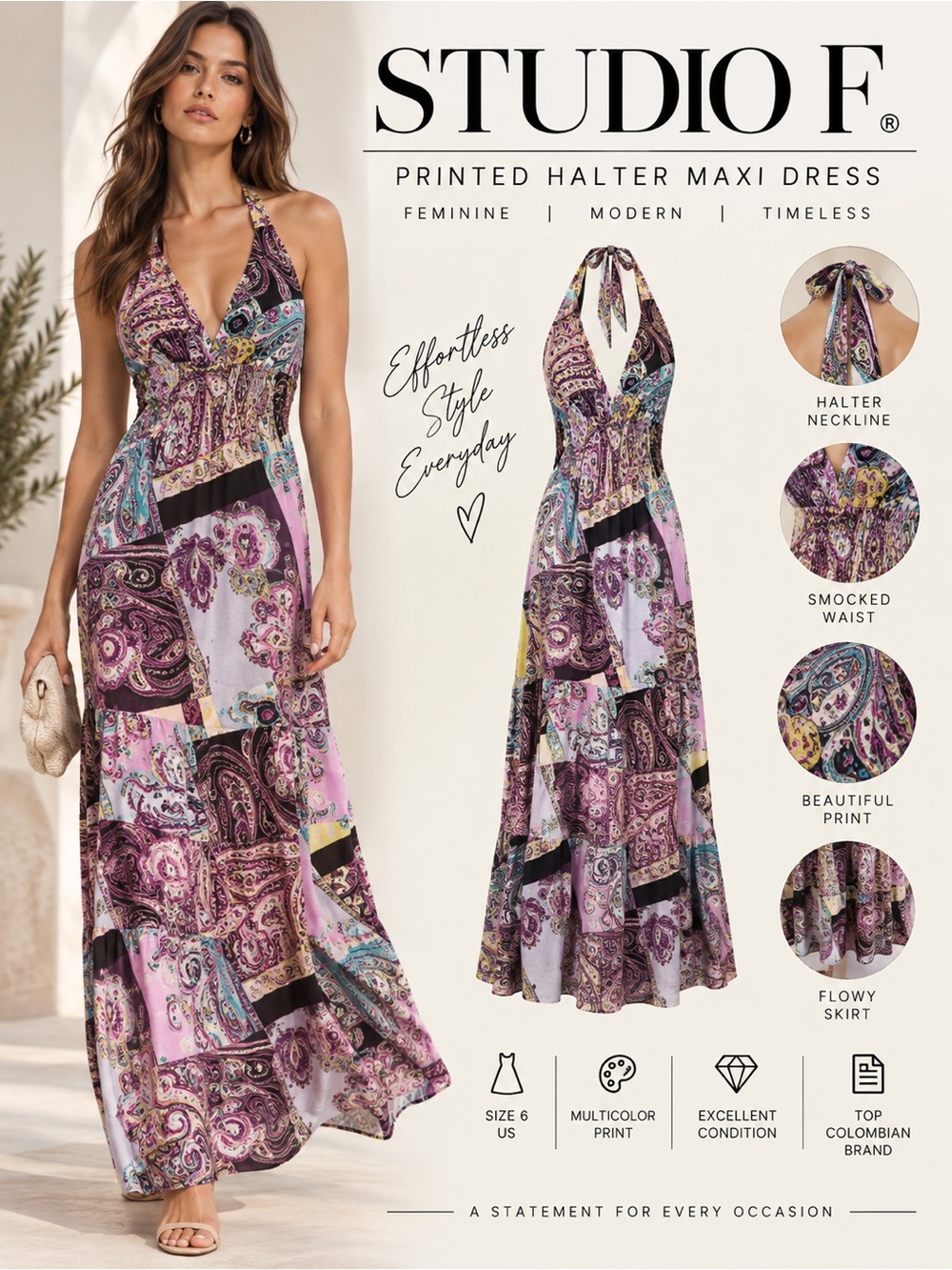Studio F Multicolor Paisley Halter Maxi Dress Size 6 EUC